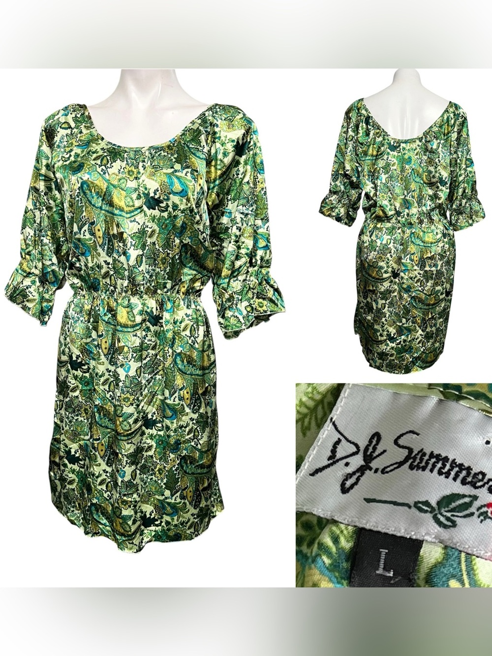 D.J. Summers dress L Green Paisley Print Women’s satin blouson short sleeve